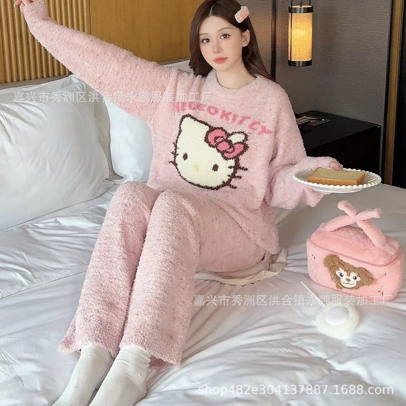 新商品の半分の毛のパジャマの女性の秋冬の少女の甘いKittyのかわいい家の服のスーツの凱蒂猫|undefined