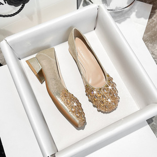 Thick Heeled French Rhinestone Square Toe Shoes Women's 2025 Spring New Shallow Mouth Middle Heeled Elegant Wedding Shoes plus size Women's Shoes 41