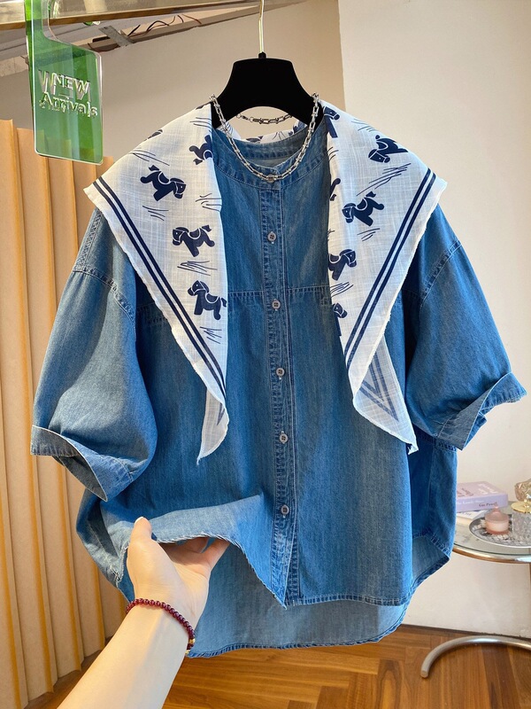 High-End Round-Neck Denim Shirt for Women 2026 New Style Loose Casual Versatile Super Stylish Paired with Silk Scarf Top for Summer High-End Round-Neck Denim Shirt for Women 2026 New Style Loose Casual Versatile Super Stylish Paired with Silk Scarf Top for Summer
