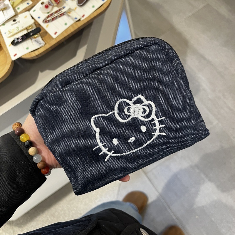 外出用の新しいポータブルバッグ、大容量のデニムバッグ、ウォーターカップ、韓国風刺繍入り子猫ハンドバッグ、KT猫バケットバッグ|undefined