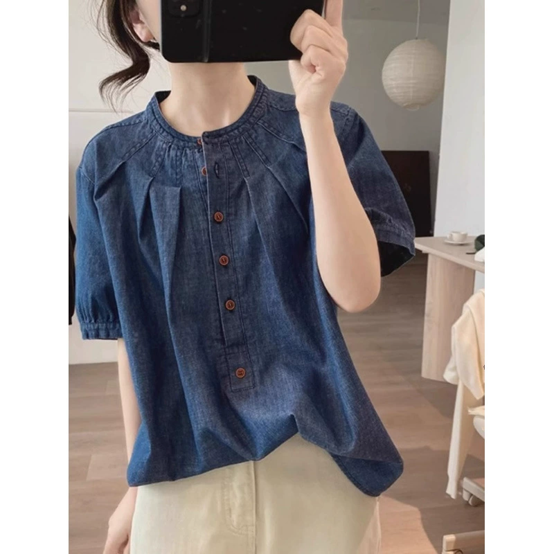 Универсальная джинсовая рубашка в корейском стиле с круглым вырезом и короткими рукавами, популярные женские потертые топы, новые свободные утягивающие топы на весну и осень