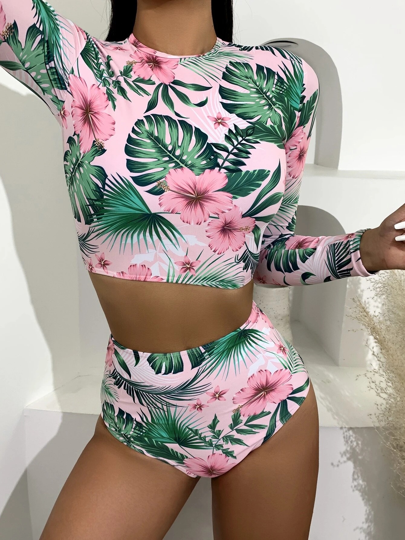 round neck long sleeve slim high waist flower print Tankini two-piece set NSVNS134060