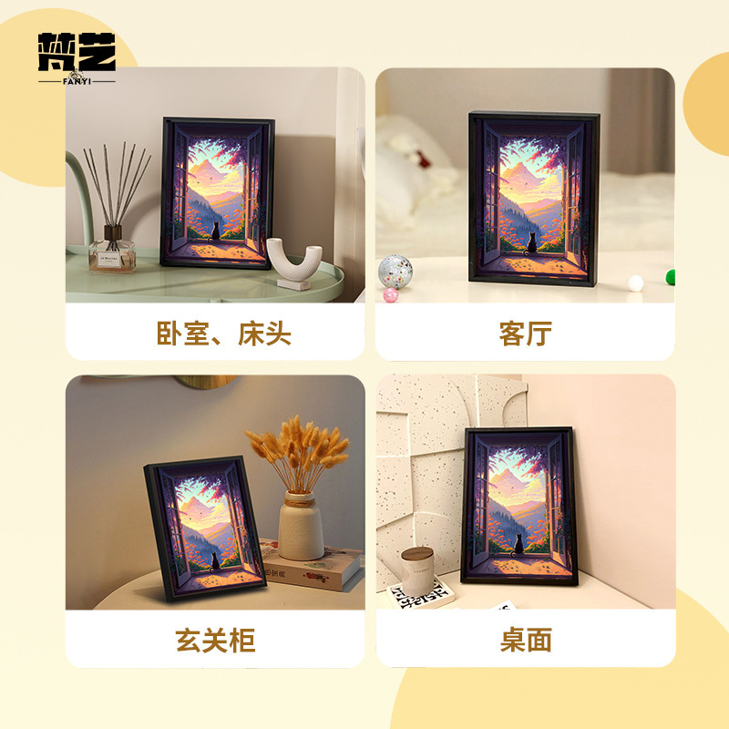 七夕の贈り物 ライトと音響付きの絵画 モダンでシンプルな漫画風風景 恋愛記念装飾画 可愛い子猫の絵画|undefined