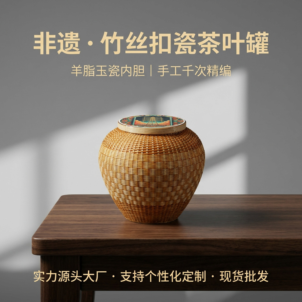 Intangible cultural heritage bamboo woven porcelain tea canister with sealed tin lid, ceramic tea caddy, moisture-proof tea storage jar, business gift wholesale.