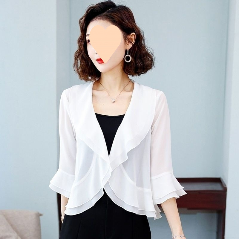 Sheer Blouse Short Jacket Women 2025 Spring New Lightweight Cardigan Fashion Layered Hem Short Sleeve Top
