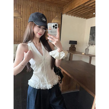 【原版布料】夏季新款白色蕾丝挂脖背心韩系甜辣纯欲风别致吊带上