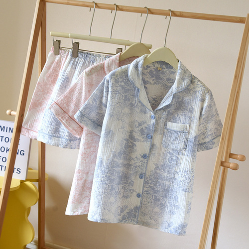 Cotton gauze short-sleeved shorts women's suit spring and summer thin pure cotton home clothes loose breathable sweat-absorbent breathable large size