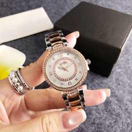 奢华间金满钻女表贝母盘马车标钢带石英表派对通勤时尚配饰手表