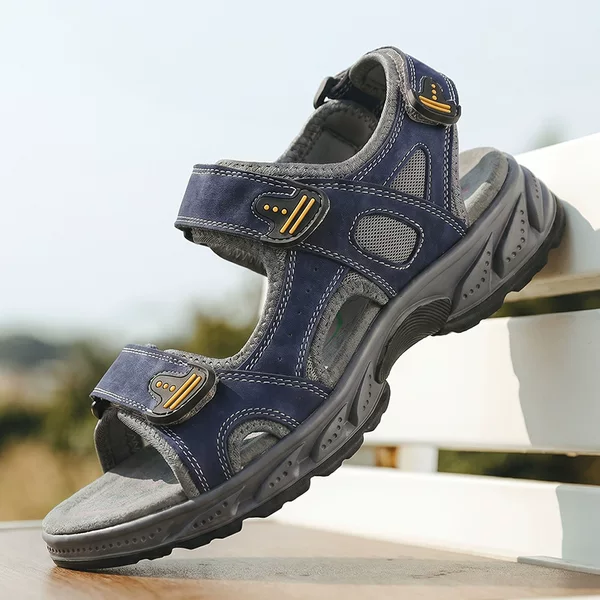 Summer Sandals for Men, Open-Toe, First-Layer Cowhide, Men's and Women's Beach Shoes, Soft-Soled, Fashionable, Large Size, Outdoor Casual Sports Sandals