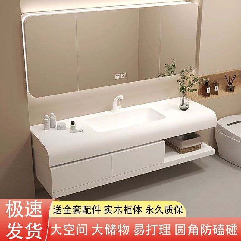New Simple Smart Bathroom Cabinet with Corian Skin-Like Integrated Basin, Bathroom Sink, Washbasin, Smart Mirror Cabinet