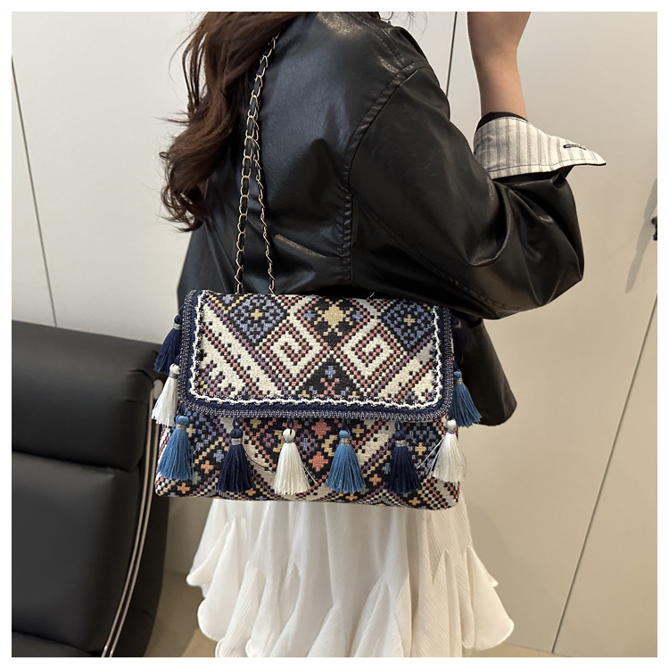 336g Weight Flip Cover Closure Type Single Shoulder Strap Strap Type Shoulder Bag Bags Type Casual, Holiday Occasion Cloth Material Geometric Pattern All Seasons Season Women's Gender Elegant, Ethnic Style Style Square Shape Women's Cloth Geometric Elegant Ethnic Style Square Flip Cover Shoulder Bag 23