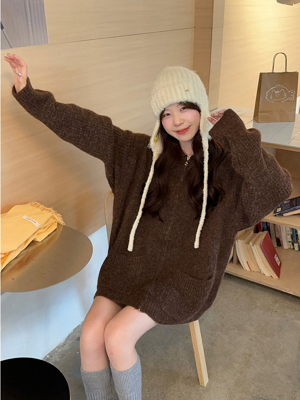 慵懒风连帽毛衣外套女2025秋季新款复古宽松中长款长袖针织上衣潮|undefined