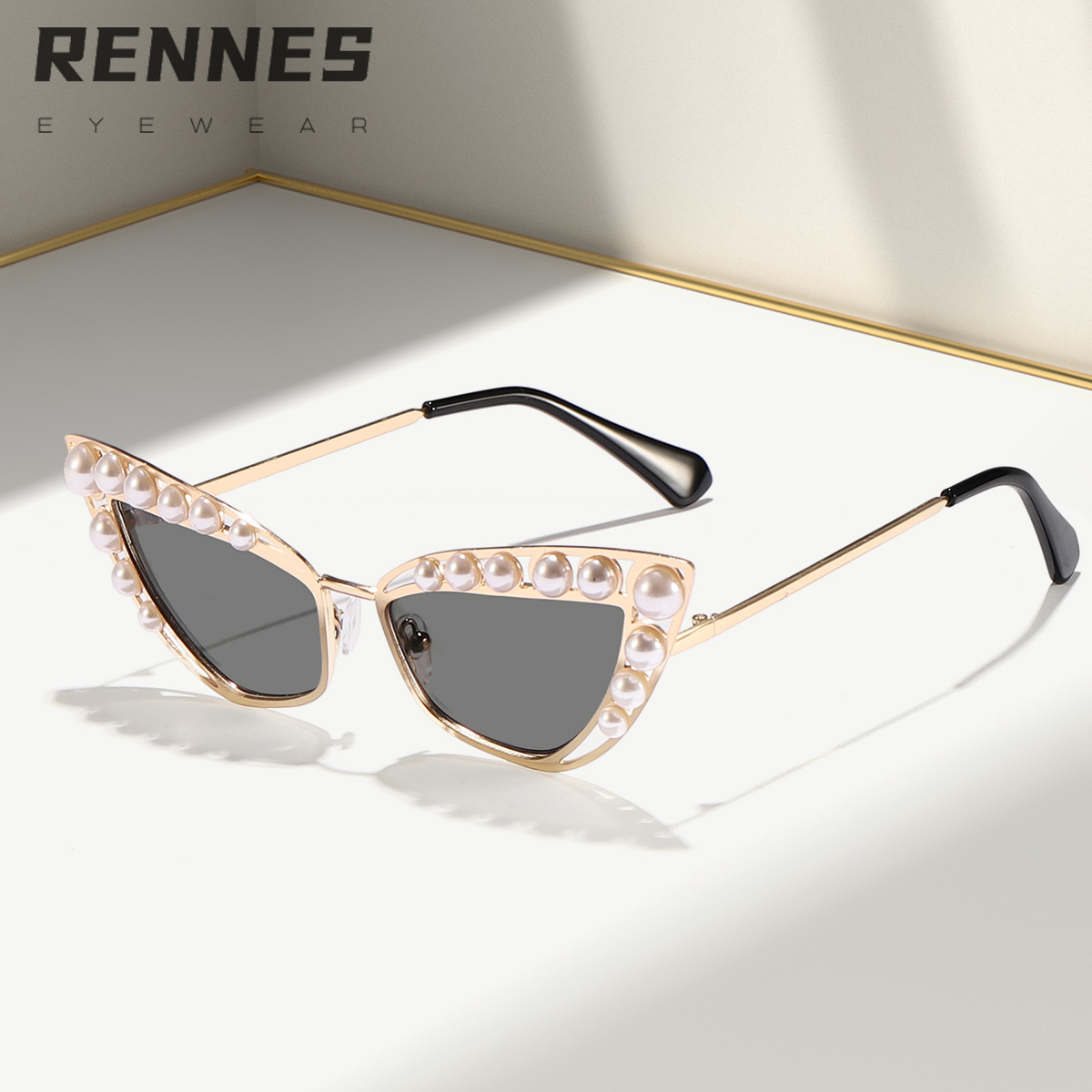 Nuevas gafas de sol de metal con ojos de gato de perlas hermosas transfronterizas