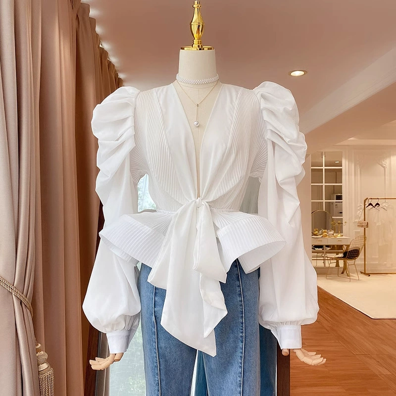 Ретро пузырьковые рукава рубашка с v-образным вырезом женский осенний дизайн