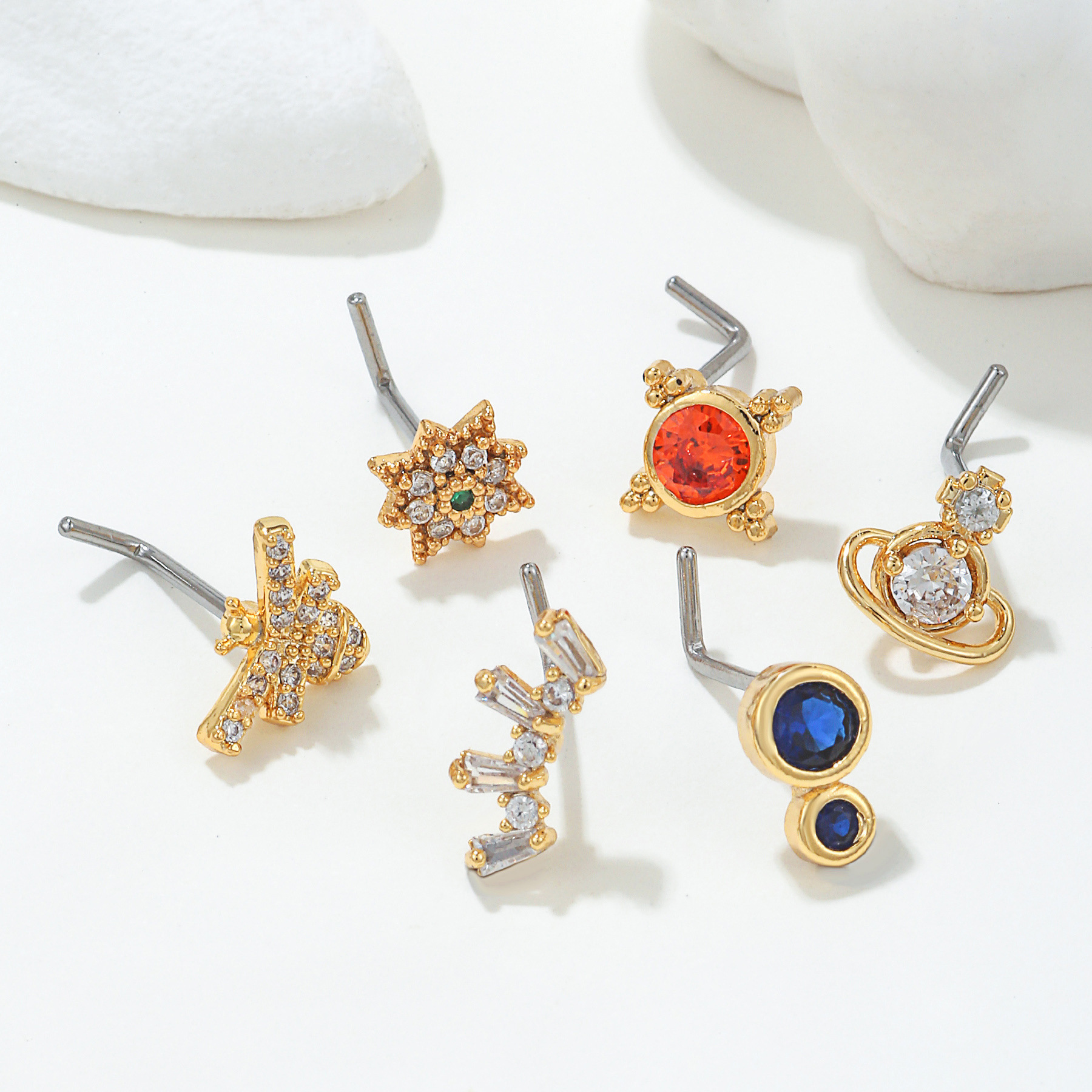 Geometric Zircon Nose Stud In Copper Colour Micro Inlaid Design_voghion.com