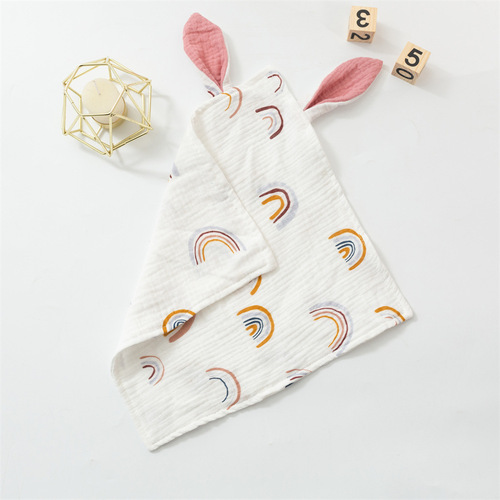 新款婴儿兔耳朵安抚巾棉纱布宝宝陪睡抱毯纯棉印花双层口水巾方巾