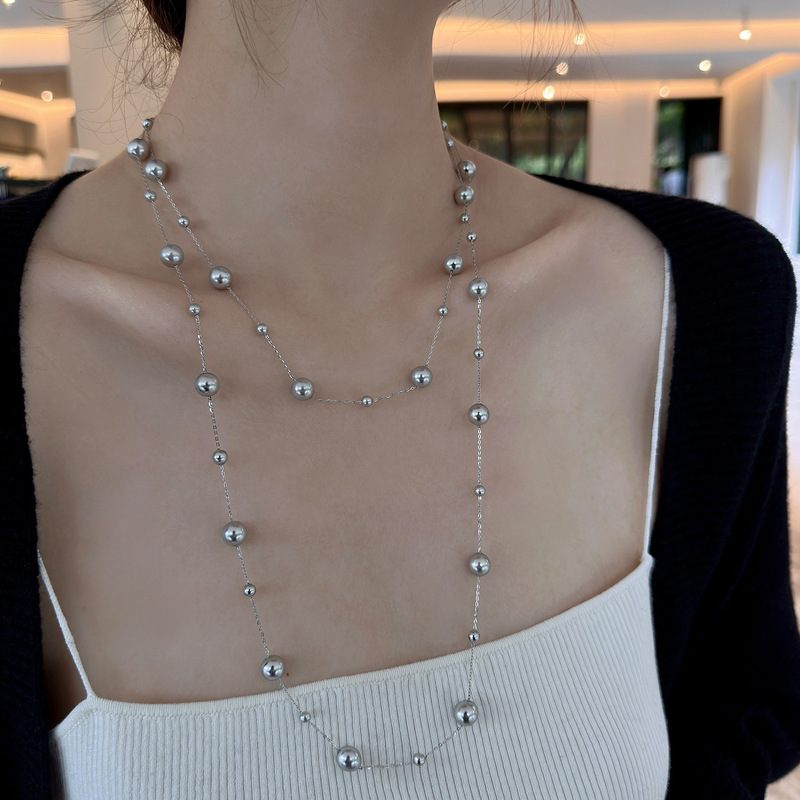 Original Long Pearl Necklace Women's High-end Grey Pearl Woolen Chain Light Luxury Elegant Niche Design Neck Chain