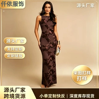 定制跨境欧美2026新款时尚气质连衣裙立体印花修身包臀礼服裙女装