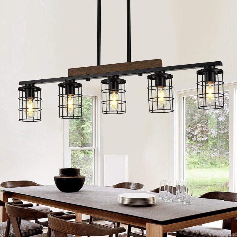 Cross-border exclusive for farmhouse linear chandelier hanging 5 lights kitchen island lights black rustic wood ceiling chandelier