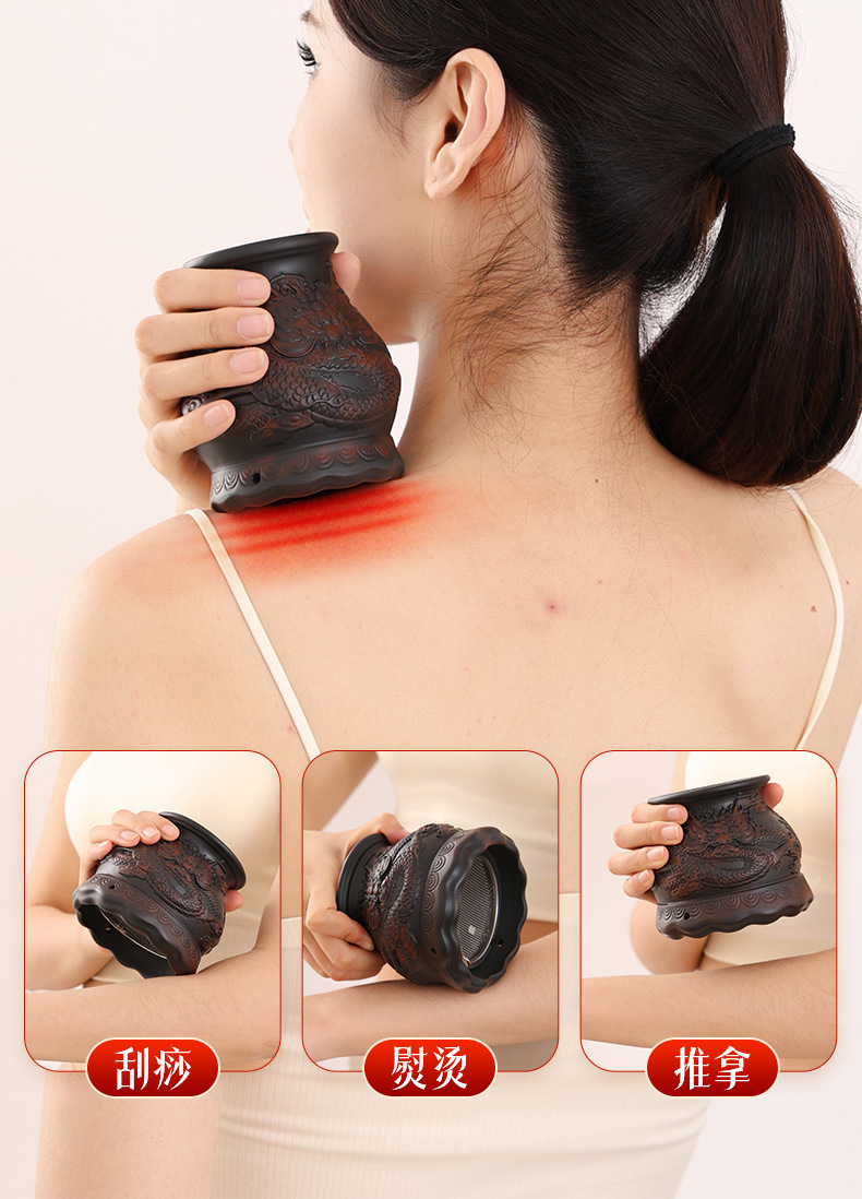 Red Bian Stone Fire Dragon Moxa Jar Set with 12 Moxa Sticks and Gift Box for Home Warming Therapy in use