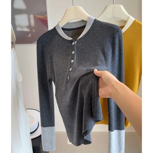 Fake Two-Piece Spliced Long-Sleeved Knitted T-Shirt for Women, Early Autumn Design Bottoming Shirt, Slim Fit Inner Gray Top
