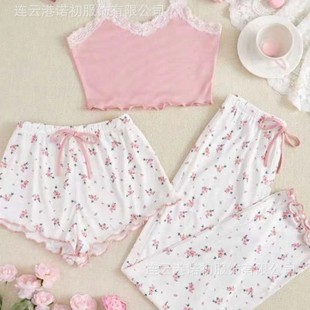 (Cross-border trading), pijama, lace sexy cute set, European style, floral print, 3 piece set