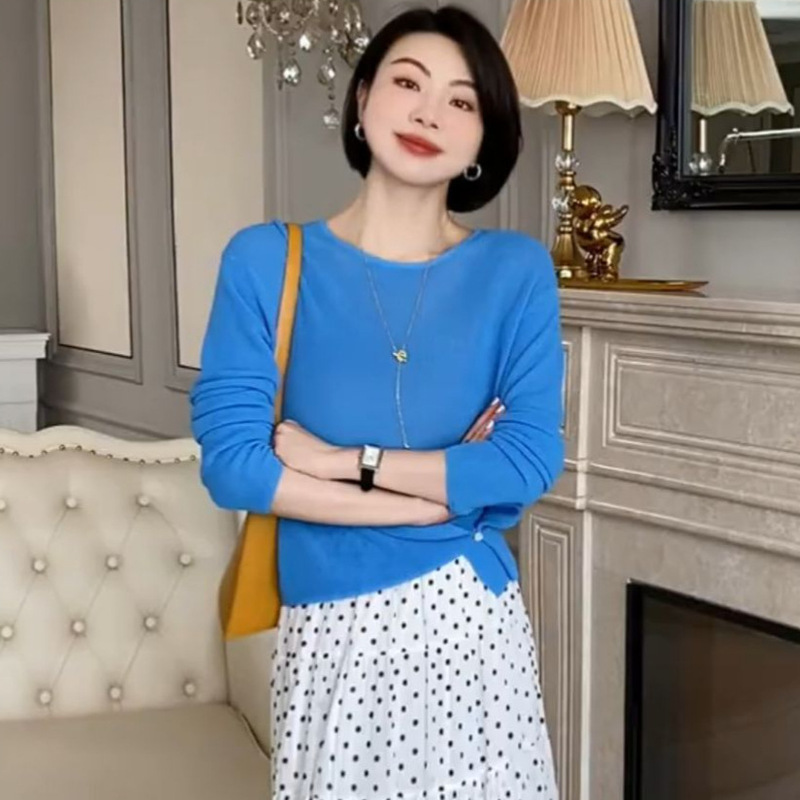 [Knitted Sweater] Spring and Summer Solid Color Round Neck Pullover One Clothes Multiple Wear Casual Thin Knitted Long Sleeve Top 99408