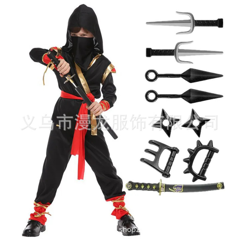 Children's Black and Red Ninja Costume Set, Boys' Hooded Ninja Outfit, Festival Party Role Performance Costume