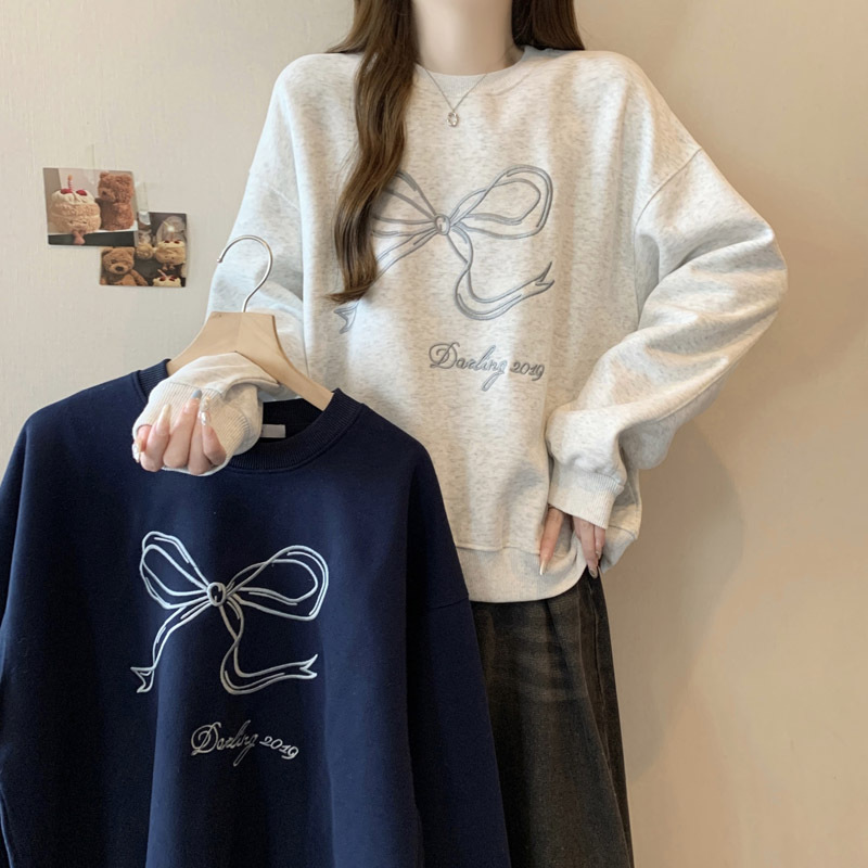 Cross-border real-shot women's autumn new loose Korean-style versatile bow-knot embroidered round-neck hoodless sweatshirt Cross-border real-shot women's autumn new loose Korean-style versatile bow-knot embroidered round-neck hoodless sweatshirt