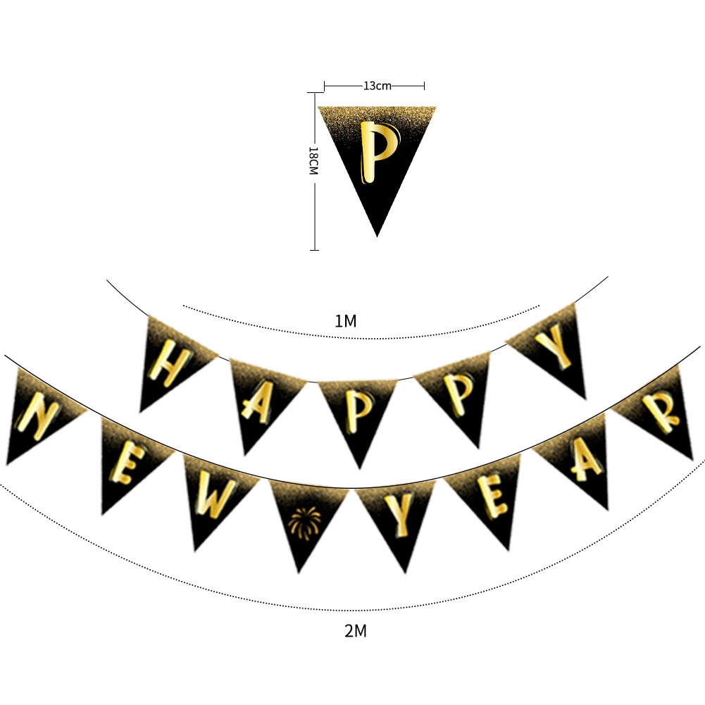 Bandera de oro negro Año Nuevo Bandera de extracción Feliz Año Nuevo Bandera de cola de pez Bandera de triángulo Año Nuevo decoración de año nuevo traje de bandera de extracción