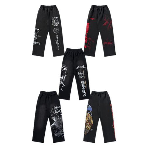 YOUNGLA American Style Cotton Ribbed Print Wide Leg Long Pants for Men and Women Loose Casual Straight Leg Pants