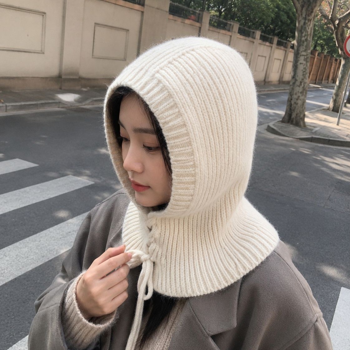 한국판 모자 목도리 일체형 니트 목보호대 바라클라파 모자 여성용 겨울 빈