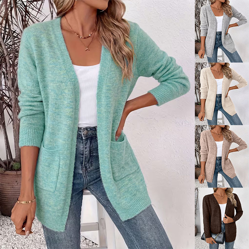 2026 New European and American Autumn/Winter Knitwear: Women's Mid-Length Loose Solid Color Cardigan Sweater with Pockets 2026 New European and American Autumn/Winter Knitwear: Women's Mid-Length Loose Solid Color Cardigan Sweater with Pockets
