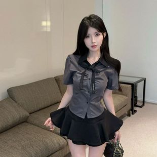 2025 Sweet and Spicy Preppy Style Women's Summer Jk Uniform Elegant Lapel Short-Sleeved Shirt Petite Tutu Skirt Two-Piece Set