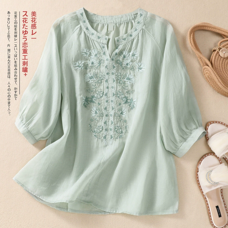 Женский топ из хлопка и льна с вышивкой на рукавах три четверти, хлопчатобумажная и льняная рубашка с полуоткрытым воротником в художественном стиле ретро.