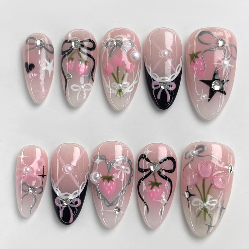 30 Pieces of High-Quality 3D Flower Wearable Nails, Pure Handmade with Bowknots, Fresh and Simple Style, Handmade Almond-Shaped Nails for Valentine's Day