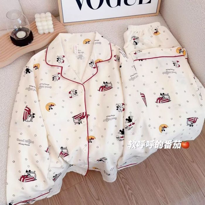 Pijamas de algodón nubes al por mayor transfronterizos primavera y otoño nuevos pantalones de manga larga de dibujos animados cardigan se pueden usar con ropa de casa