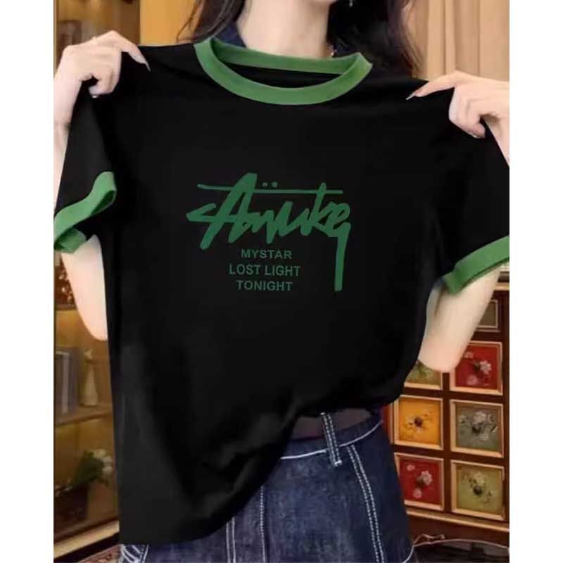2025新款纯棉短袖t恤女正肩圆领拼色韩版洋气设计感半袖上衣夏季|undefined
