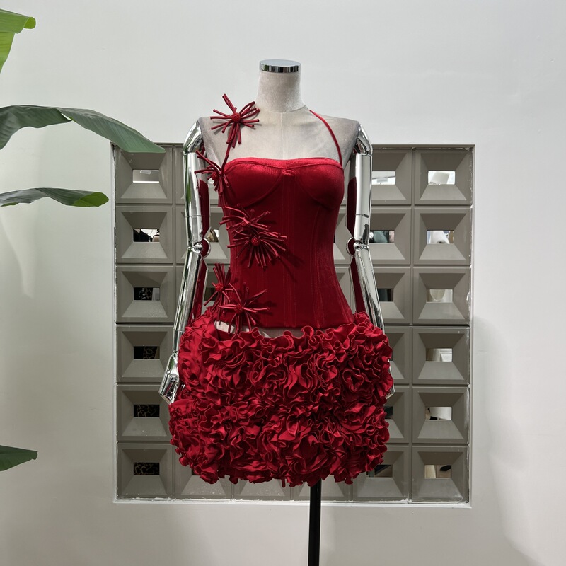 Amazon high-grade heavy-duty velvet fishbone strap tube top handmade flower low waist short overskirt suit