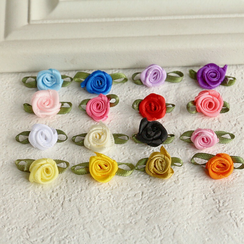 Spot 16-Color Ribbon Green Leaf Rose Hair Accessories Clothing Accessories Jewelry DIY Handmade Rose Small Bow