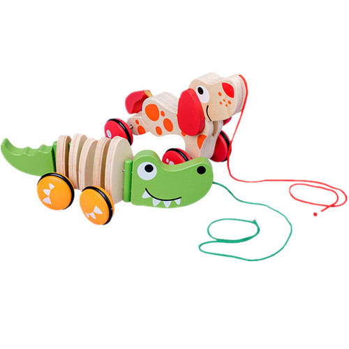 Wooden Pull-along Puppy Crocodile Toy for Infants and Toddlers 1-2-3 Years Old Pull Cord Walking Training Pull Cart