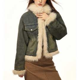 Aaisup1加绒加厚牛仔棉服外套女冬季新款设计感小众拼接毛领棉衣