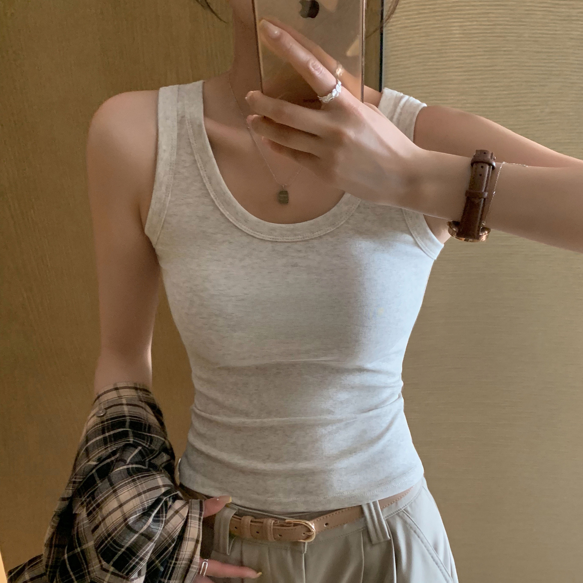 K3015 Solid Color U-Neck Camisole for Women, Spring/Summer Simple Versatile Slimming Cotton Base Shirt