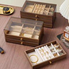 胡桃木纹带盖抽屉珠宝箱手镯手链戒指耳钉项链盒首饰收纳盒礼盒