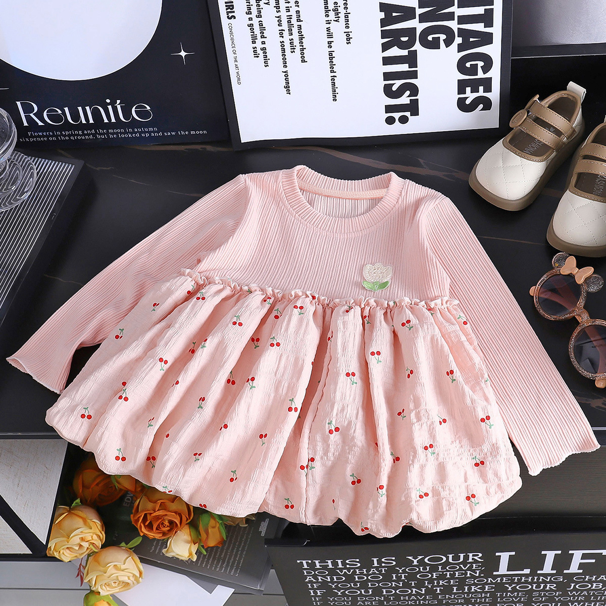 New Girls Long-Sleeved Flower Print Princess Dress Spring & Fall Dress Cute and Stylish Baby Long-Sleeved Lantern Dress