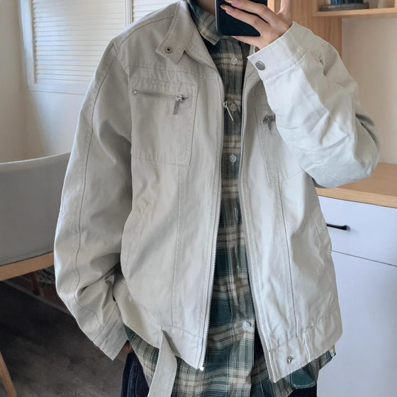 vintage Washed Denim Coat Women's Spring and Autumn High-end American Style Retro Vertical Collar Work Jacket for Couple