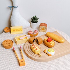 おままごと焼きトーストセット木の子供のおもちゃの赤ちゃんは早くお菓子を教えます。