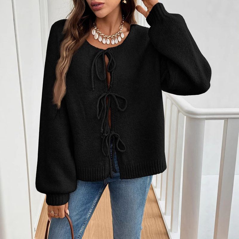 Women's Solid Color Front Lace-Up Long Sleeve Casual Cardigan, Casual Daily