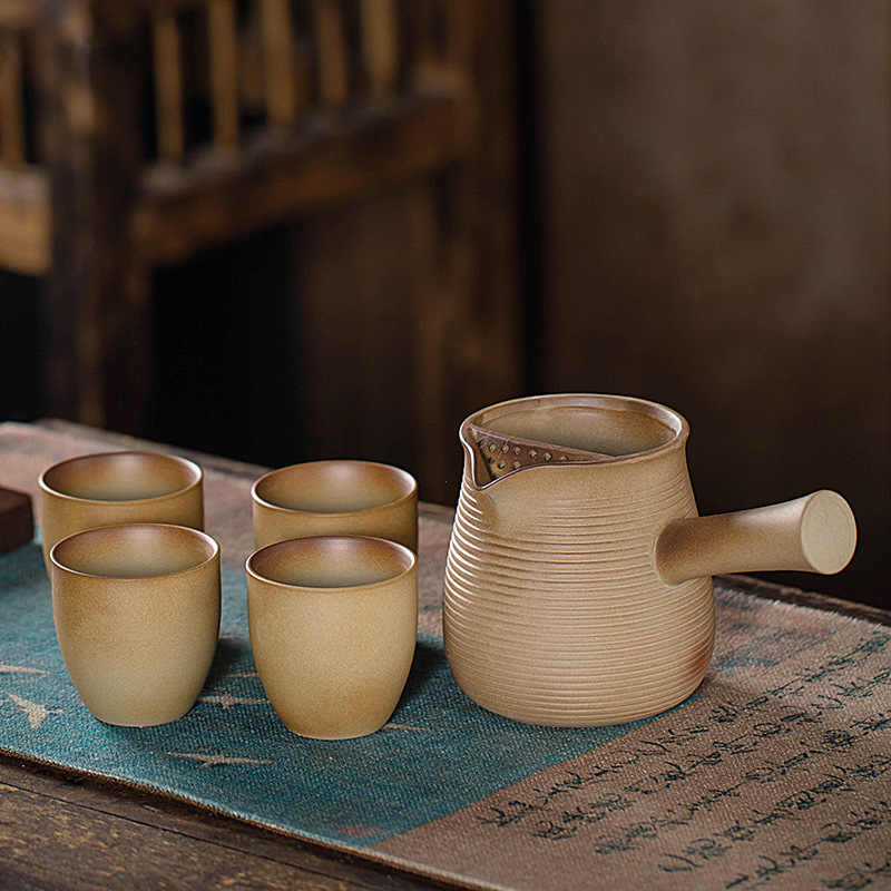 Juego de Té para Preparar con Carbón Vegetal, con Tetera de Cerámica Rústica Vintage, Tetera con Asa Lateral, Jarra, Estilo Chino para Exteriores y Hogar.