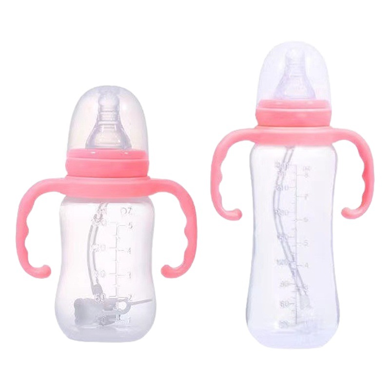 Biberón de PP estándar para bebés, venta al por mayor para madres y bebés, biberón de plástico para recién nacidos con asa y pajita, anticólicos, venta caliente transfronteriza